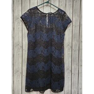 Loft Lace Dress Size 12 Cami Linning Blue Black Back Cutout Tie Semi Sheer Fem